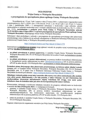 Ogłoszenie Wójta Gminy w Wielopolu Skrzyńskim o przystąpieniu do sporządzenia planu ogólnego Gminy Wielopole Skrzyńskie