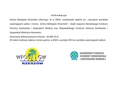 Informacja zrealizowania zadania pn. „Usuwanie wyrobów zawierających azbest z terenu  Gminy Wielopole Skrzyńskie”