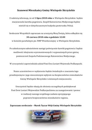 Zaproszenie na otwarcie Zespołu Podstawowego Ratownictwa Medycznego w Wielopolu Skrzyńskim