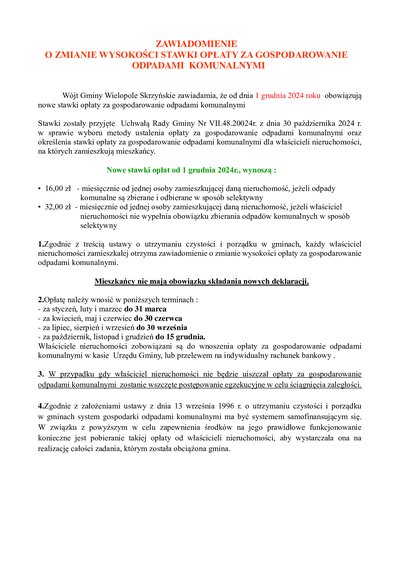 Zawiadomienie o zmianie wysokości stawki opłaty za gospodarowanie odpadami komunalnymi