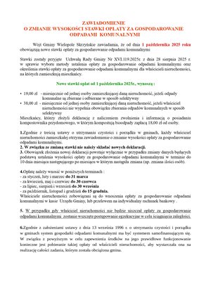 ZAWIADOMIENIE    O ZMIANIE WYSOKOŚCI STAWKI OPŁATY ZA GOSPODAROWANIE                                         ODPADAMI  KOMUNALNYMI