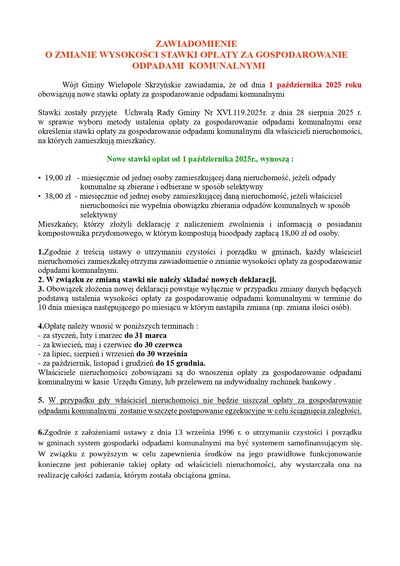 ZAWIADOMIENIE    O ZMIANIE WYSOKOŚCI STAWKI OPŁATY ZA GOSPODAROWANIE                                         ODPADAMI  KOMUNALNYMI