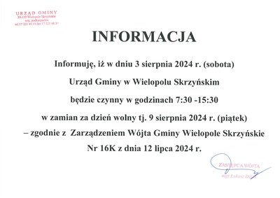 Informacja o czasie pracy Urzędu Gminy w dniu 3 sierpnia 2024 r.