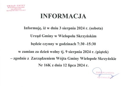 Informacja o czasie pracy Urzędu Gminy w dniu 3 sierpnia 2024 r.